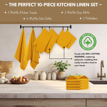 10-Piece Kitchen Set - 100% Cotton, Includes Dishcloths, Dish Towels, Oven Mitts, Potholders, Heat Resistant & Durable, Ideal for Baking, Cooking, and All Kitchen Tasks - Mustard Yellow
