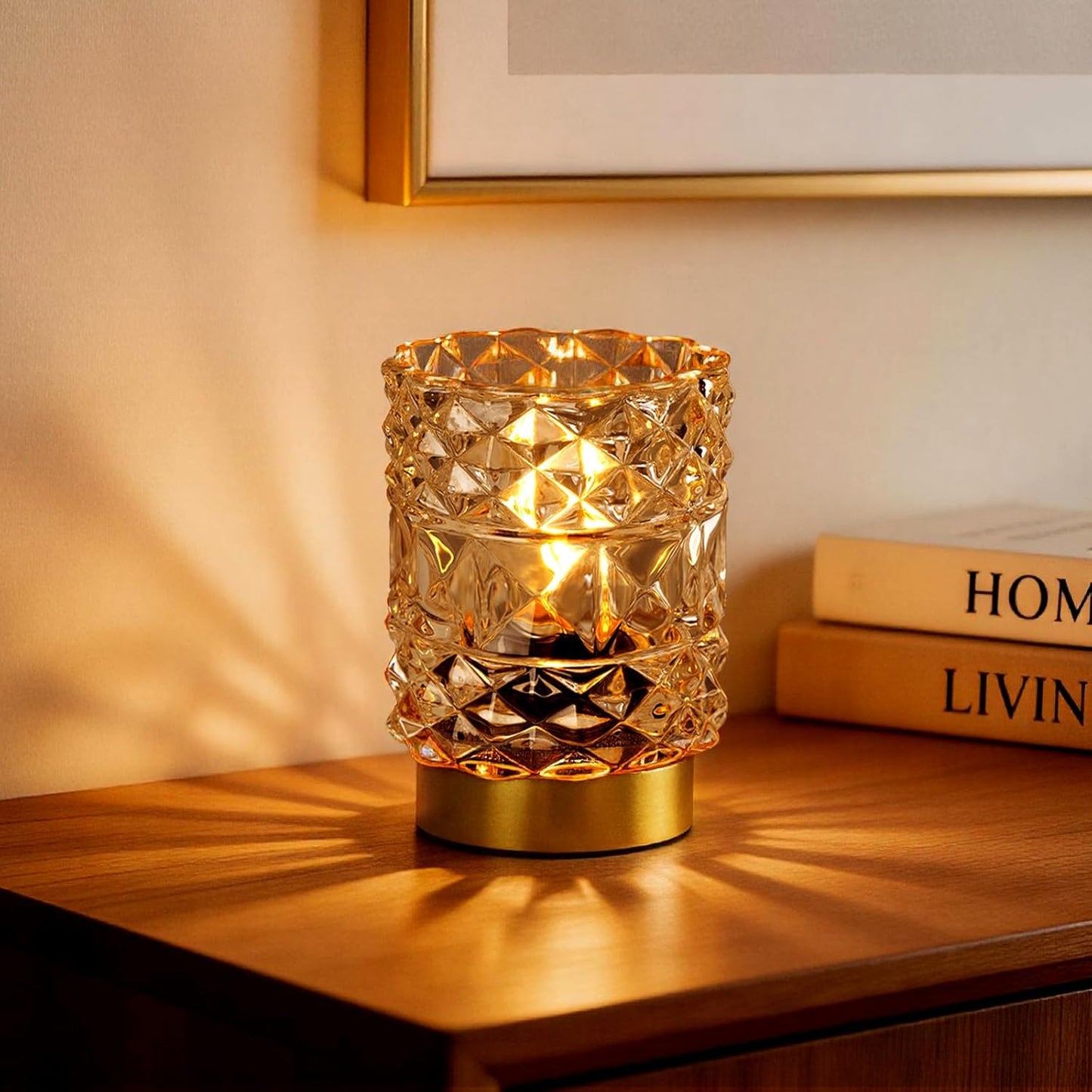 Battery Operated Lamp with Timer, Cordless Table Lamps for Shelf Decor, Rhombus Texture Aesthetic Crystal Lamp, Small Decorative Lamps for Bedroom/Bathroom/Kitchen/Entryway/Dorm (Yellow)