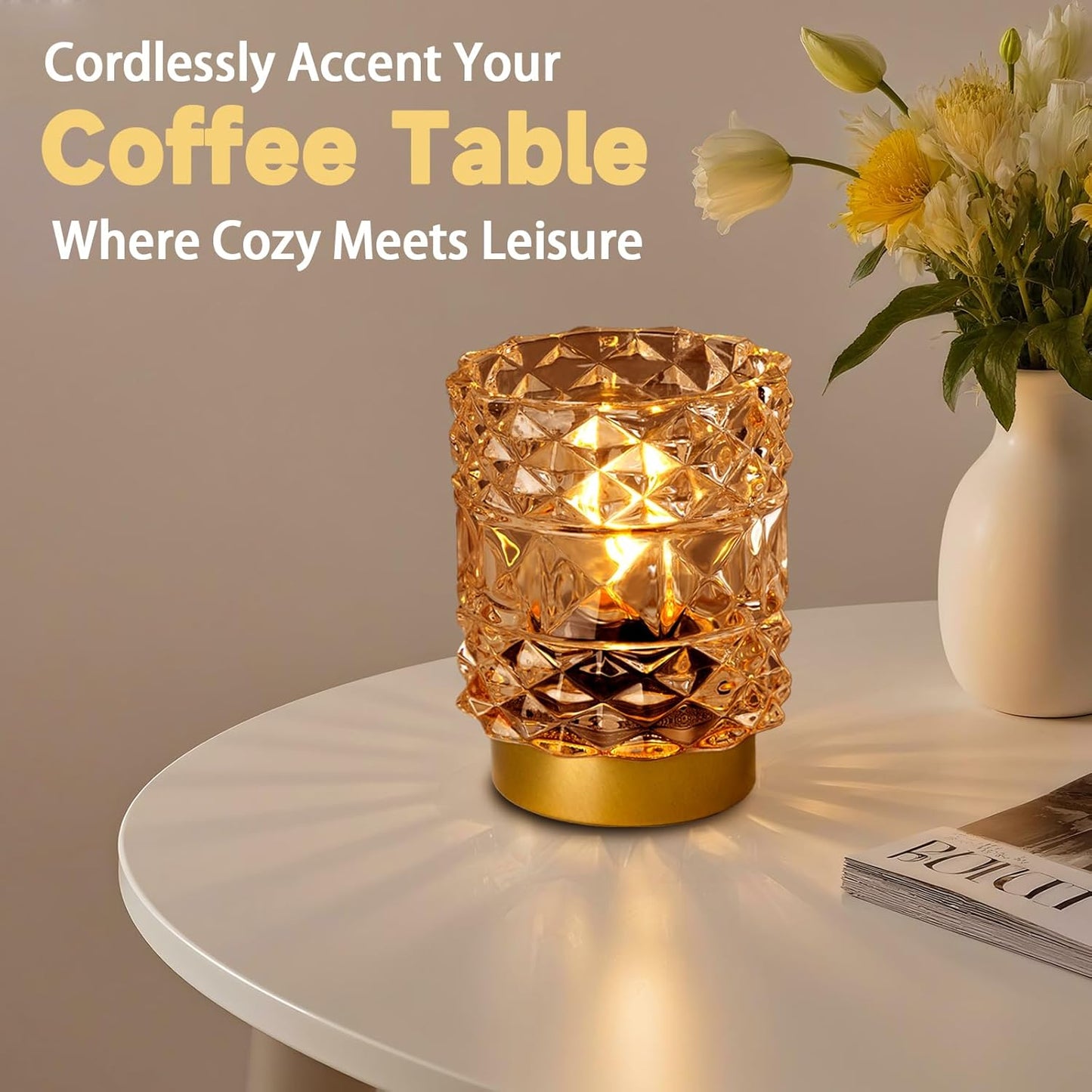Battery Operated Lamp with Timer, Cordless Table Lamps for Shelf Decor, Rhombus Texture Aesthetic Crystal Lamp, Small Decorative Lamps for Bedroom/Bathroom/Kitchen/Entryway/Dorm (Yellow)