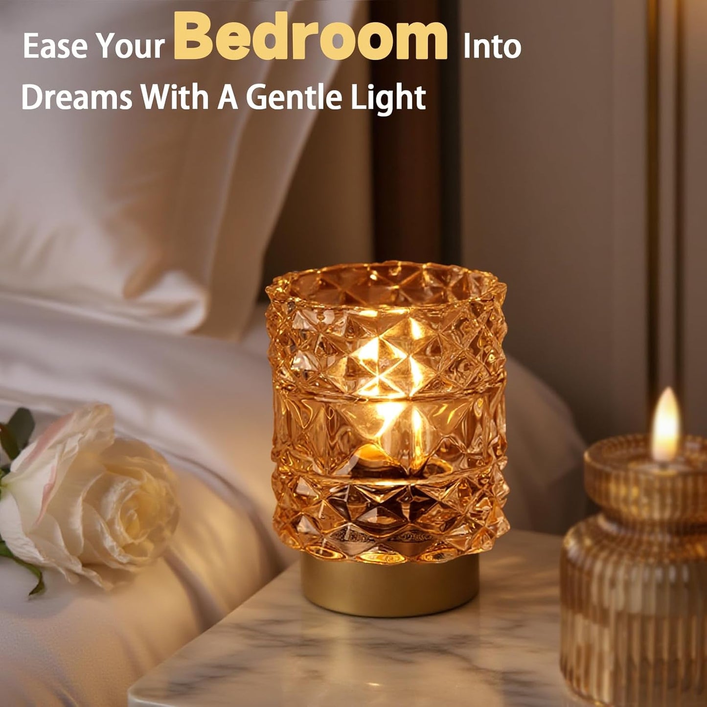 Battery Operated Lamp with Timer, Cordless Table Lamps for Shelf Decor, Rhombus Texture Aesthetic Crystal Lamp, Small Decorative Lamps for Bedroom/Bathroom/Kitchen/Entryway/Dorm (Yellow)
