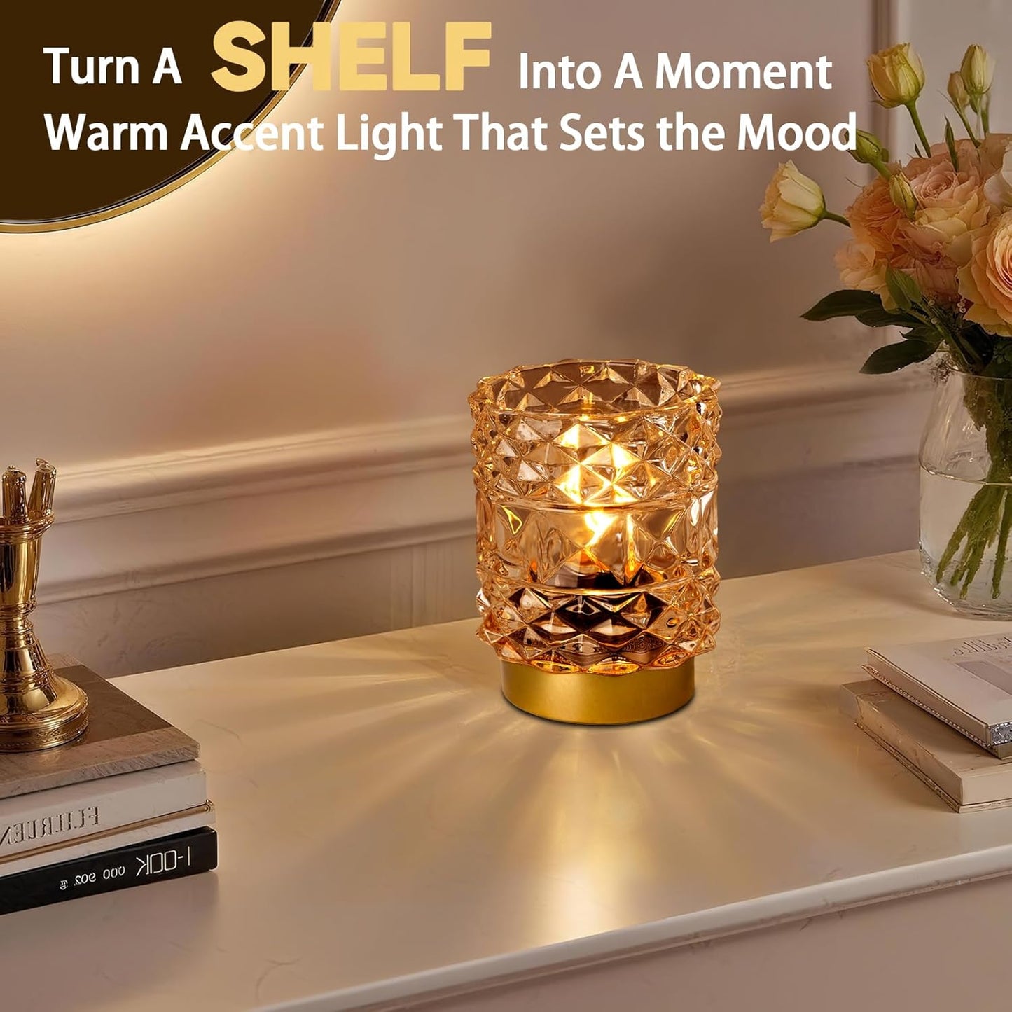 Battery Operated Lamp with Timer, Cordless Table Lamps for Shelf Decor, Rhombus Texture Aesthetic Crystal Lamp, Small Decorative Lamps for Bedroom/Bathroom/Kitchen/Entryway/Dorm (Yellow)
