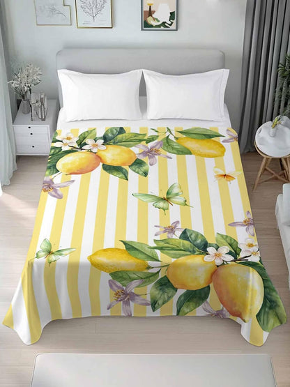 Flat Sheet Only Bedding Top Sheet Twin Lemon Fruits Floral Leaves Soft Microfiber Breathable Bed Sheets, Yellow Stripes Flat Sheets for Bedroom Sofa Men/Women