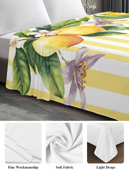Flat Sheet Only Bedding Top Sheet Twin Lemon Fruits Floral Leaves Soft Microfiber Breathable Bed Sheets, Yellow Stripes Flat Sheets for Bedroom Sofa Men/Women