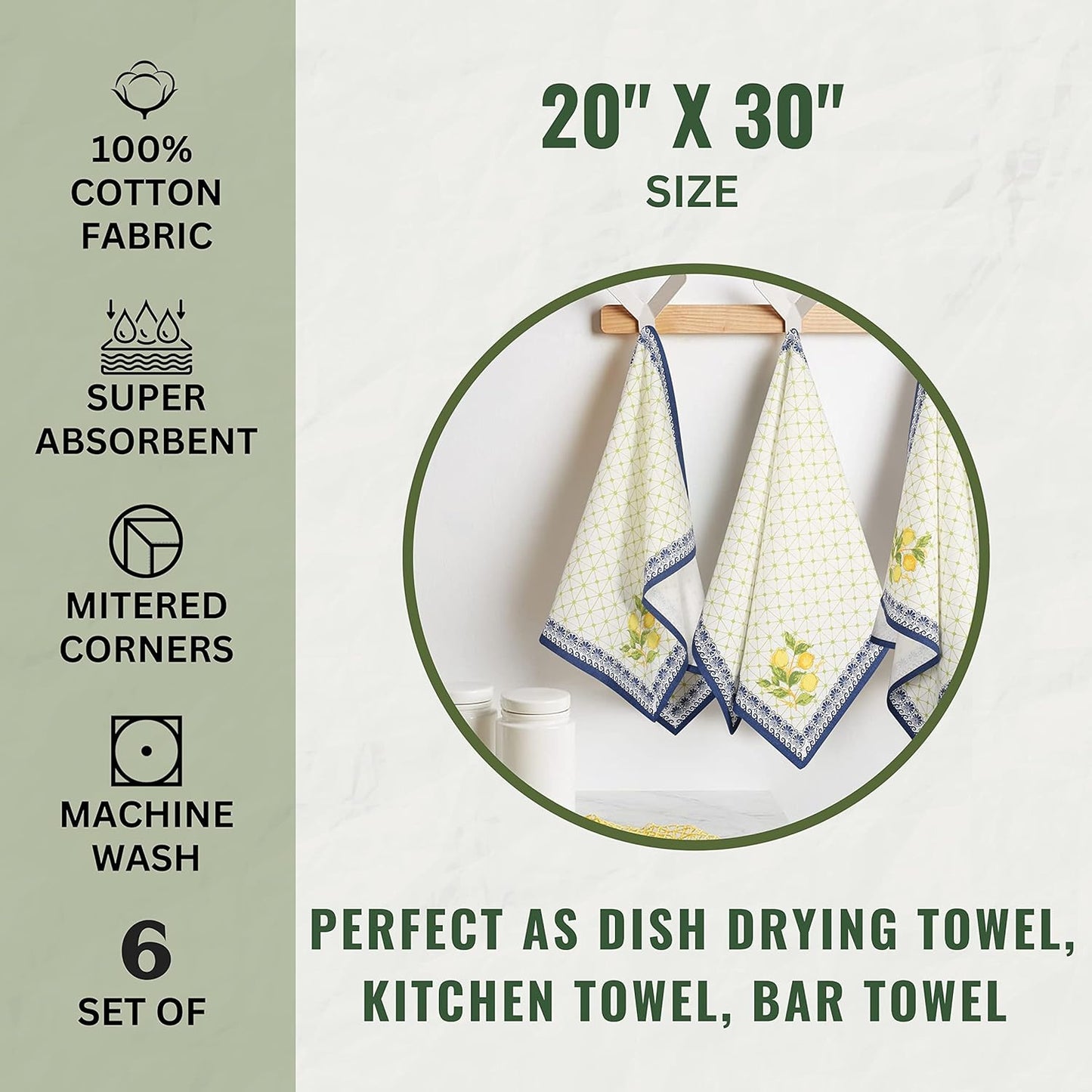 Kitchen Towels, 100% Natural Cotton, Set of 6 Multi-Purpose Kitchen Cloth Very Soft Highly Absorbent Tea Towels for Home and Kitchen 20in X 30in Lemon Leaf
