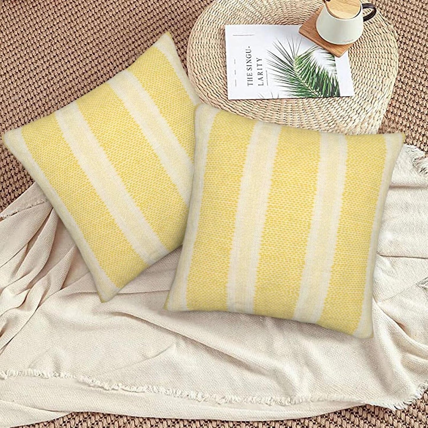 Yellow Polka Dot Pillow Covers 18 x 18 Inch Set of 2 Boho Striped Decorative Outdoor Throw Pillow Covers Linen Modern Geometry Cushion Cases for Home Sofa Couch Living Room Decor