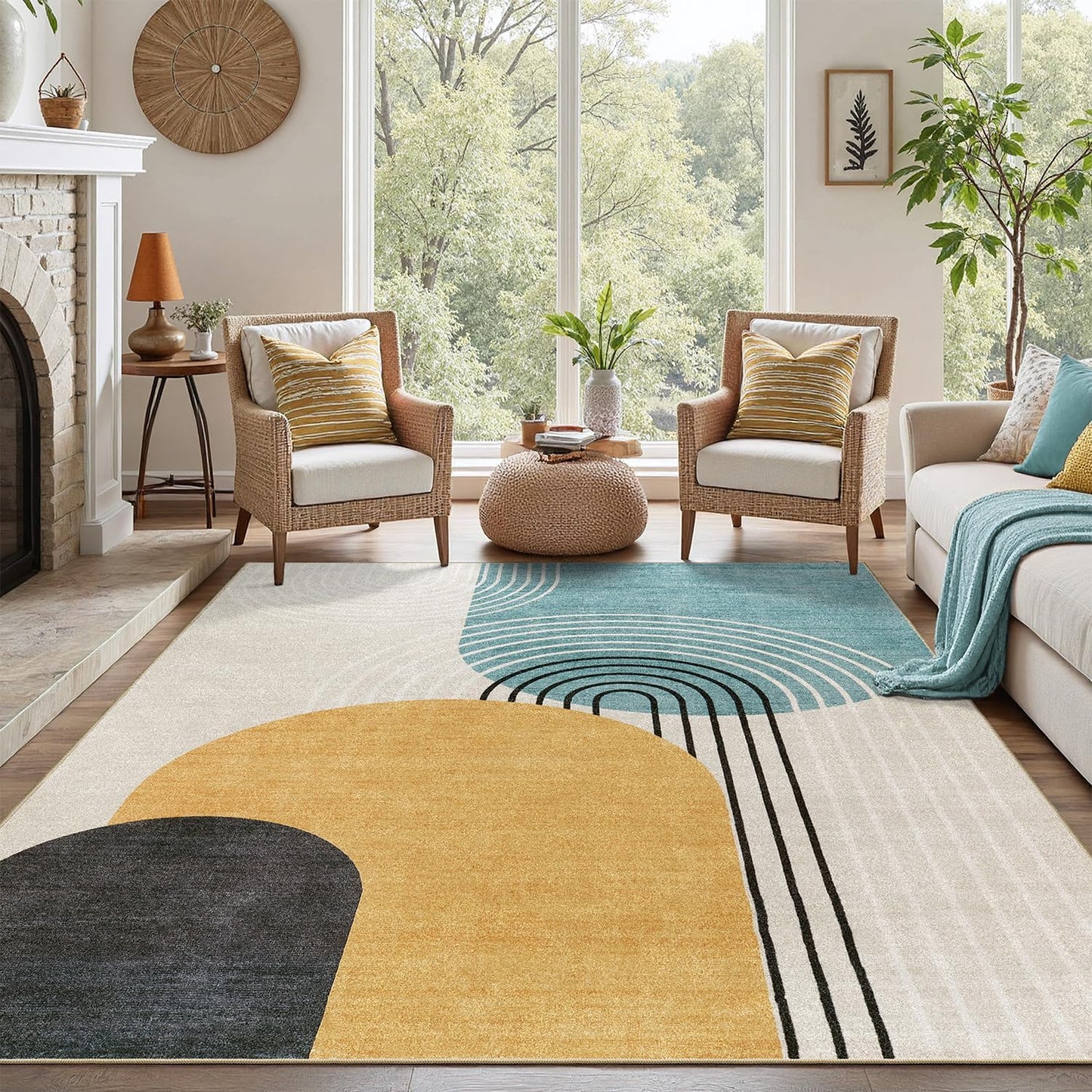 DCX Machine Washable 6x9 Area Rug, Midcentury Modern Non Slip Stain Resistant Rug 6x9 for Living Room, Playroom, Dining Room, Soft 0.25" Low Pile Large Carpet, Blue & Yellow