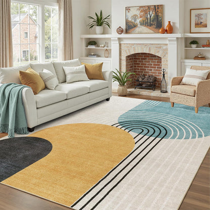 DCX Machine Washable 6x9 Area Rug, Midcentury Modern Non Slip Stain Resistant Rug 6x9 for Living Room, Playroom, Dining Room, Soft 0.25" Low Pile Large Carpet, Blue & Yellow