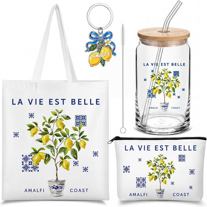 4 Pcs Amalfi Lemon Gift Set for Women, Italian Summer Canvas Tote Bag Cosmetic Bag 16 oz Tumbler and Keychain, Mediterranean Travel Souvenir Gifts for Friend Sister Bridesmaid Traveler