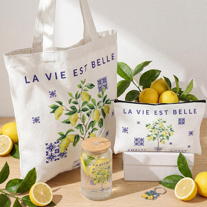 4 Pcs Amalfi Lemon Gift Set for Women, Italian Summer Canvas Tote Bag Cosmetic Bag 16 oz Tumbler and Keychain, Mediterranean Travel Souvenir Gifts for Friend Sister Bridesmaid Traveler
