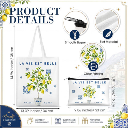 4 Pcs Amalfi Lemon Gift Set for Women, Italian Summer Canvas Tote Bag Cosmetic Bag 16 oz Tumbler and Keychain, Mediterranean Travel Souvenir Gifts for Friend Sister Bridesmaid Traveler