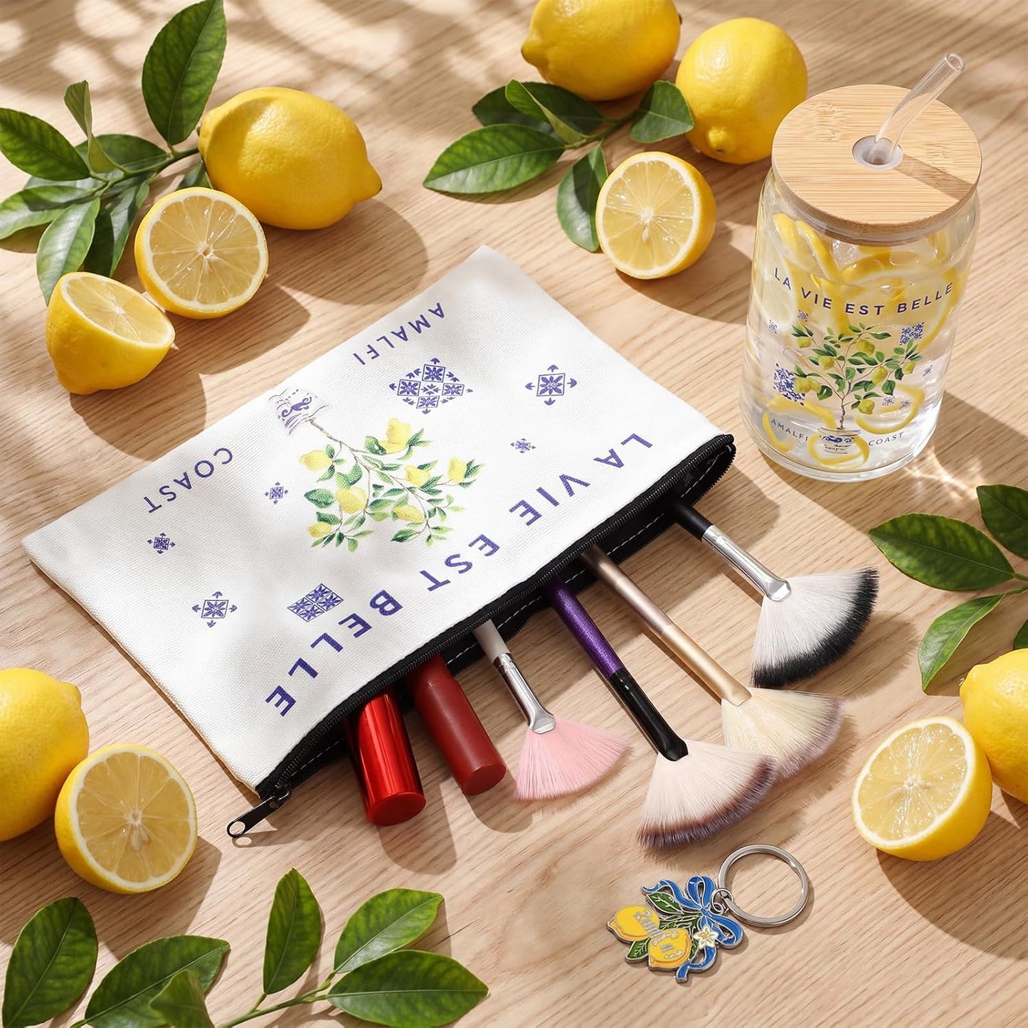 4 Pcs Amalfi Lemon Gift Set for Women, Italian Summer Canvas Tote Bag Cosmetic Bag 16 oz Tumbler and Keychain, Mediterranean Travel Souvenir Gifts for Friend Sister Bridesmaid Traveler
