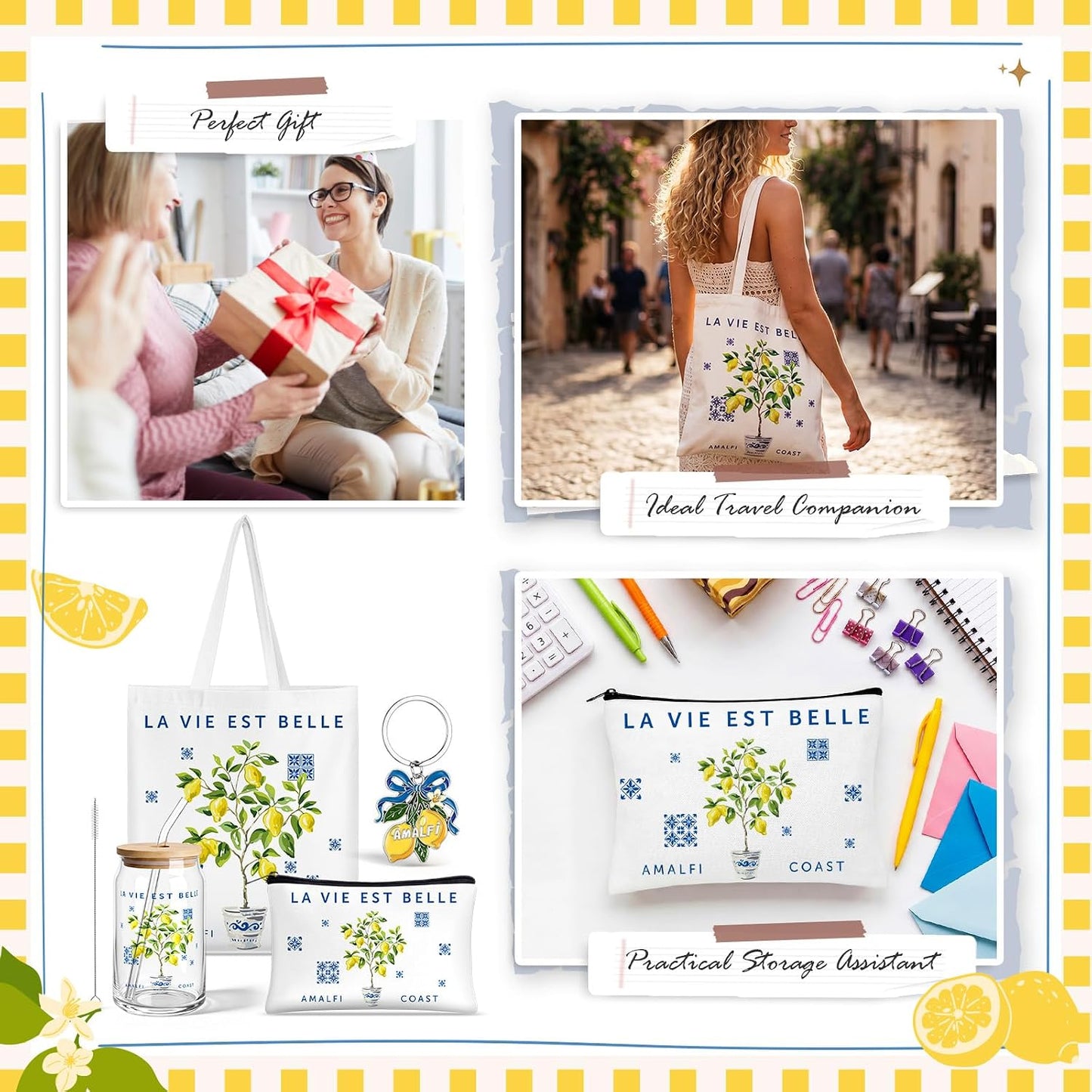 4 Pcs Amalfi Lemon Gift Set for Women, Italian Summer Canvas Tote Bag Cosmetic Bag 16 oz Tumbler and Keychain, Mediterranean Travel Souvenir Gifts for Friend Sister Bridesmaid Traveler