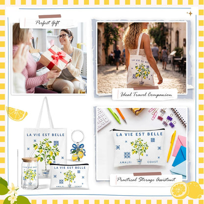 4 Pcs Amalfi Lemon Gift Set for Women, Italian Summer Canvas Tote Bag Cosmetic Bag 16 oz Tumbler and Keychain, Mediterranean Travel Souvenir Gifts for Friend Sister Bridesmaid Traveler