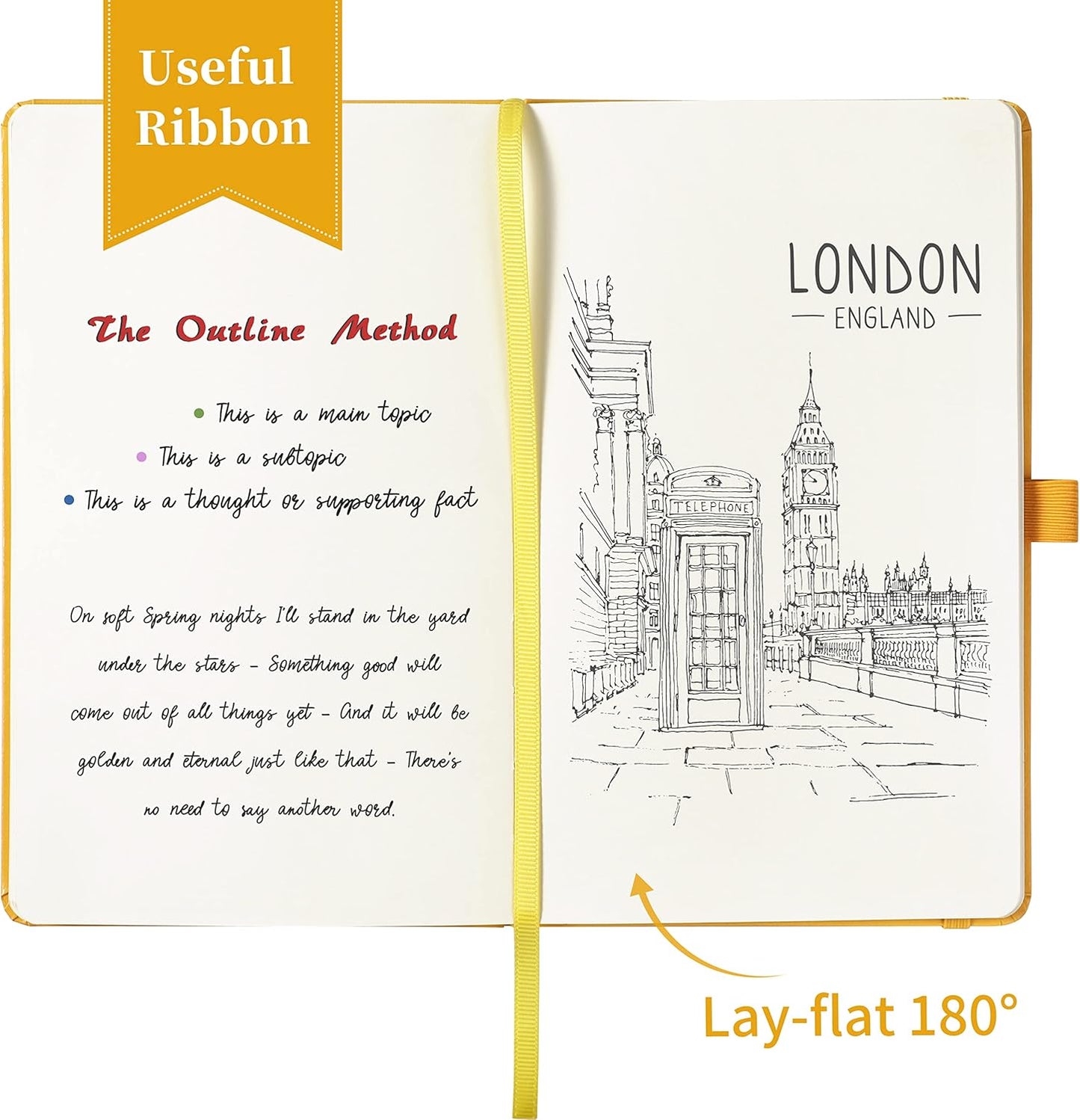 Blank Journal/Notebook - Classic Notebook/Journal with Ribbon Divider, Hardcover with Thick Paper, 5.3'' x 8.26'', Banded + Pen Holder +Inner Pocket - Yellow