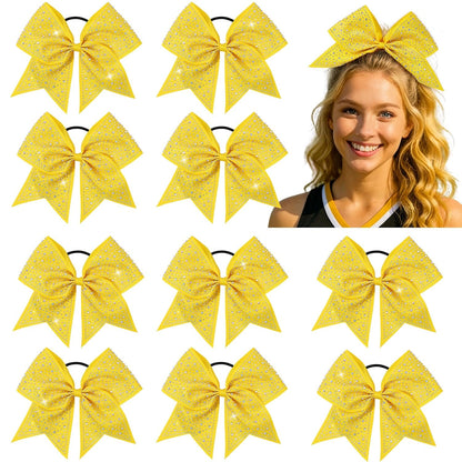 10PCS Large Glitter Cheer Bows for Cheerleaders,Yellow Sparkly Hair Bows with Elastic Hair Ties Accessories for Cheerleading Girls Women