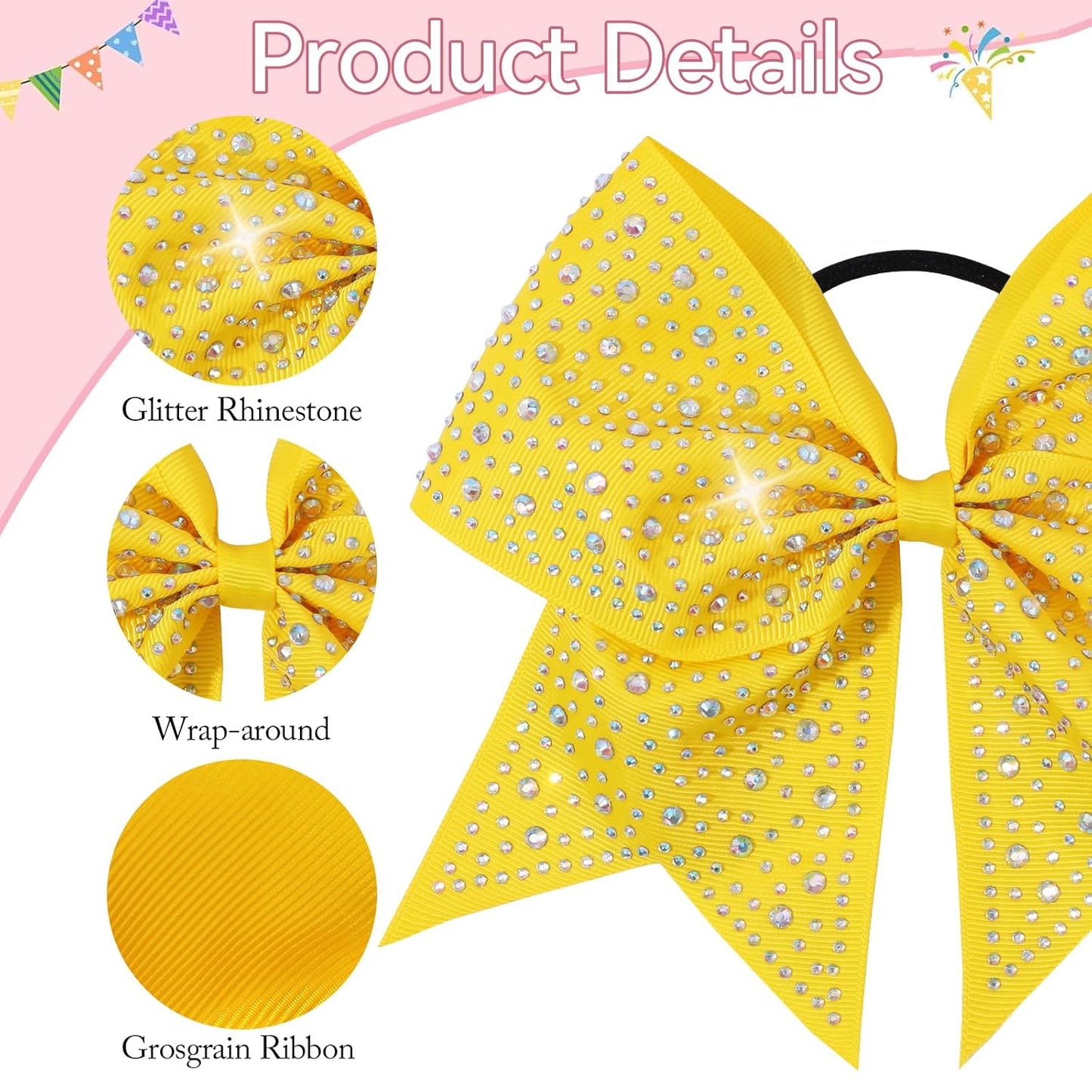 10PCS Large Glitter Cheer Bows for Cheerleaders,Yellow Sparkly Hair Bows with Elastic Hair Ties Accessories for Cheerleading Girls Women