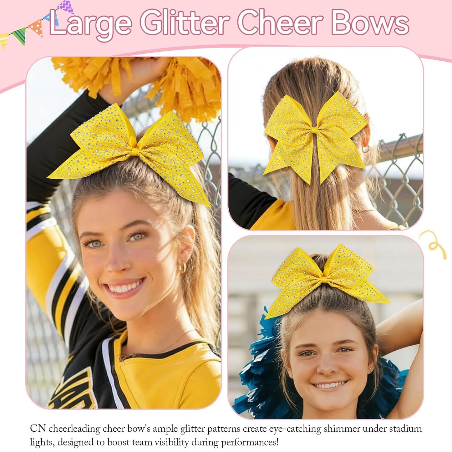 10PCS Large Glitter Cheer Bows for Cheerleaders,Yellow Sparkly Hair Bows with Elastic Hair Ties Accessories for Cheerleading Girls Women