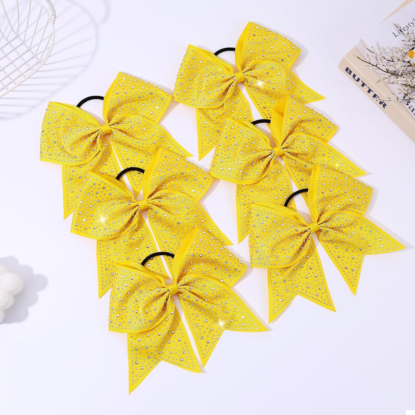 10PCS Large Glitter Cheer Bows for Cheerleaders,Yellow Sparkly Hair Bows with Elastic Hair Ties Accessories for Cheerleading Girls Women