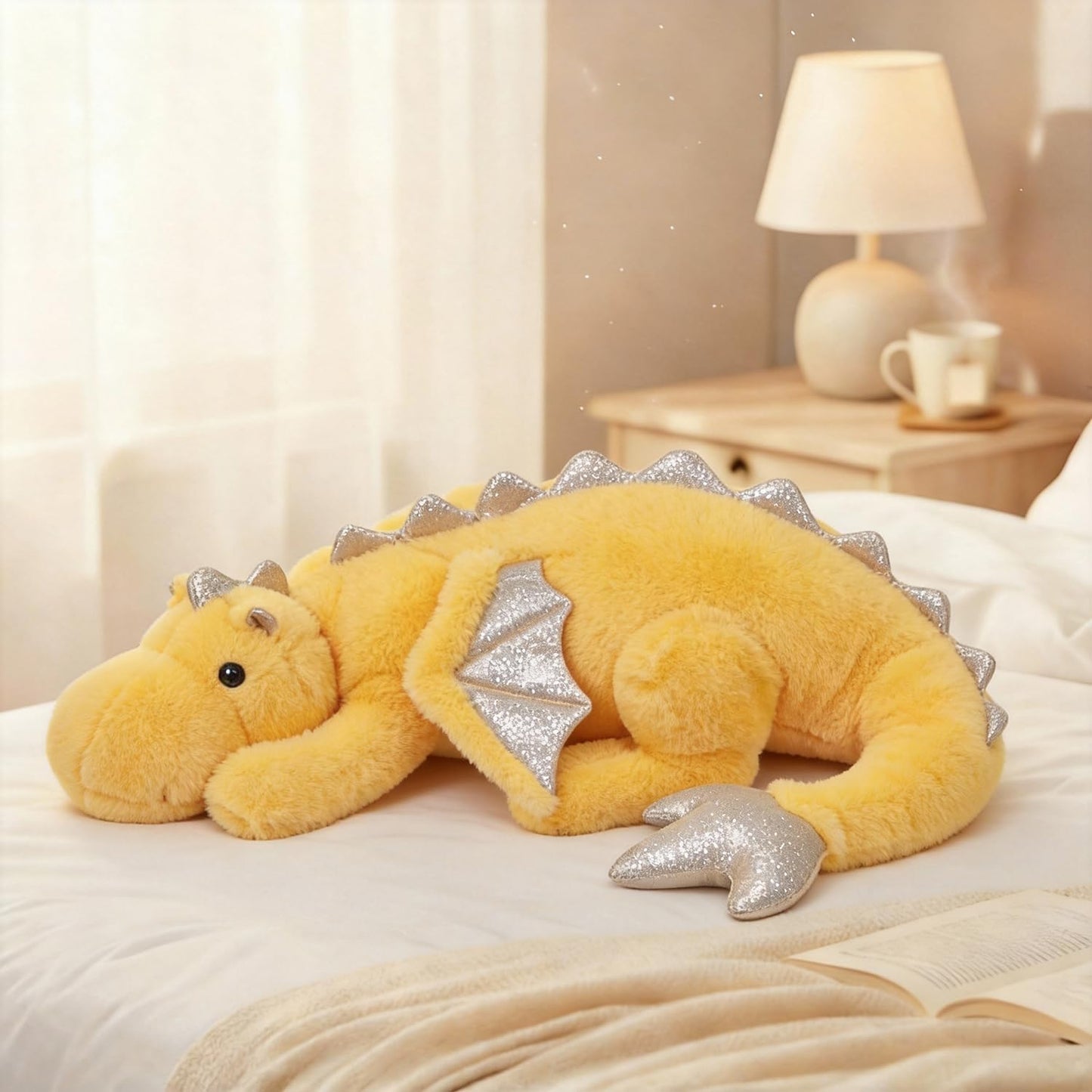 Large 37in Cute Dragon Stuffed Animals Plush Toy Soft Yellow Pterosaur Plushie Giant Fuzzy Dinosaur Pillow Plushies with Wings Cuddly for Friends Family