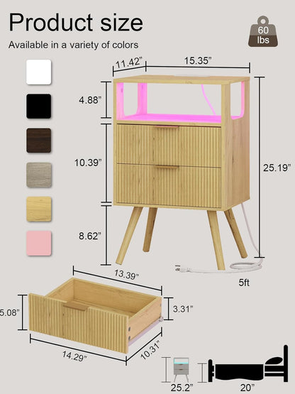 Nightstand, Modern Bedside Table with 2 Storage Drawer and Open Wood Shelf for Bedroom and Small Spaces, Night Stand with Solid Wood Legs (Yellow Oak-Outlet)