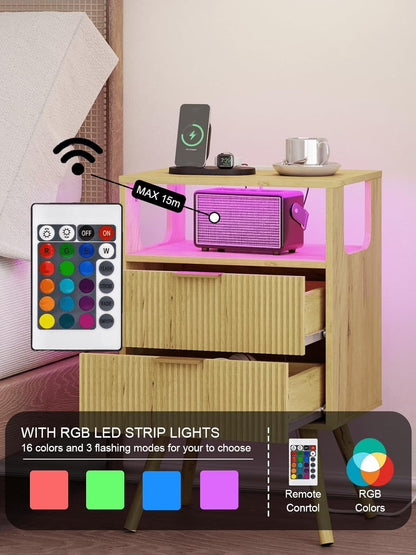 Nightstand, Modern Bedside Table with 2 Storage Drawer and Open Wood Shelf for Bedroom and Small Spaces, Night Stand with Solid Wood Legs (Yellow Oak-Outlet)