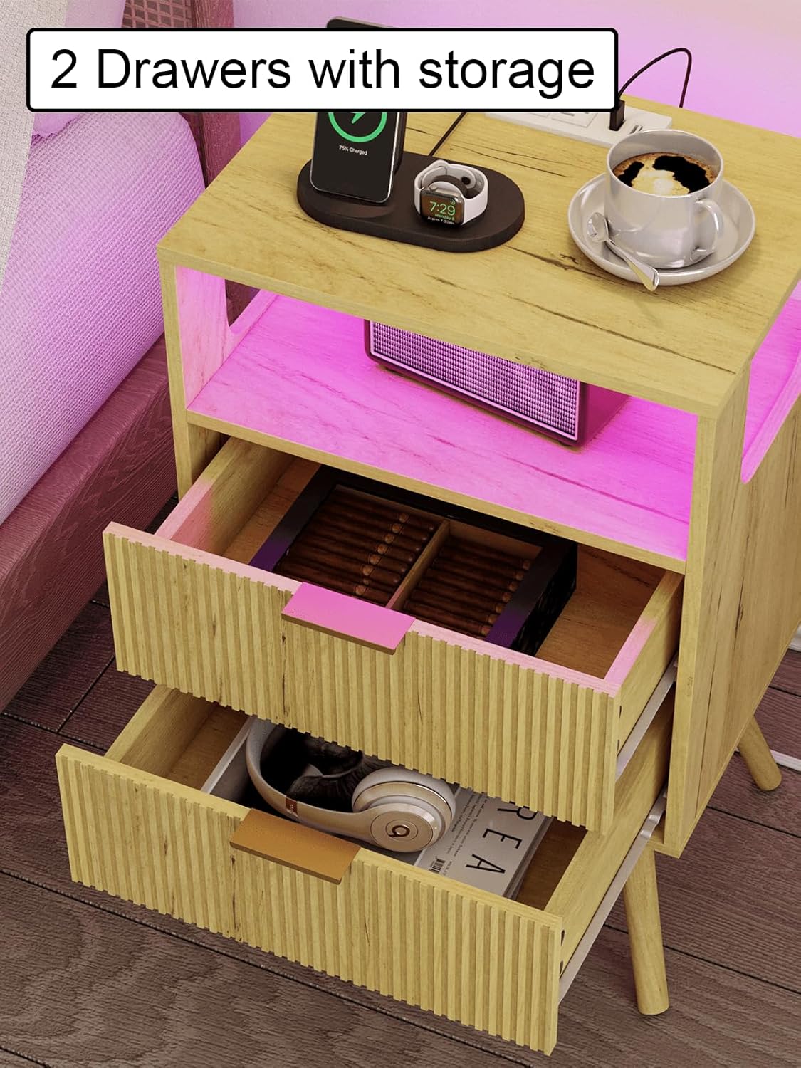 Nightstand, Modern Bedside Table with 2 Storage Drawer and Open Wood Shelf for Bedroom and Small Spaces, Night Stand with Solid Wood Legs (Yellow Oak-Outlet)