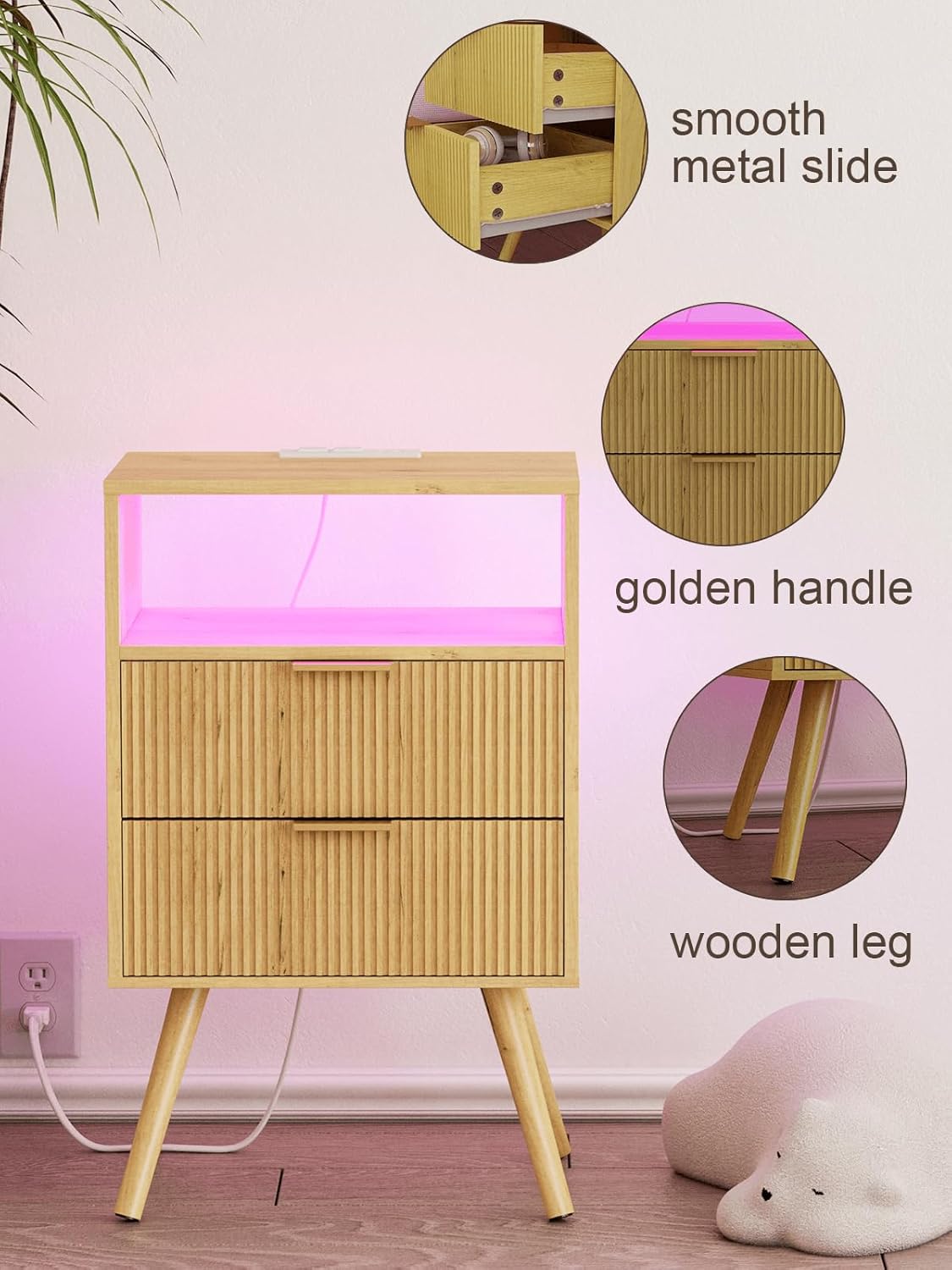 Nightstand, Modern Bedside Table with 2 Storage Drawer and Open Wood Shelf for Bedroom and Small Spaces, Night Stand with Solid Wood Legs (Yellow Oak-Outlet)