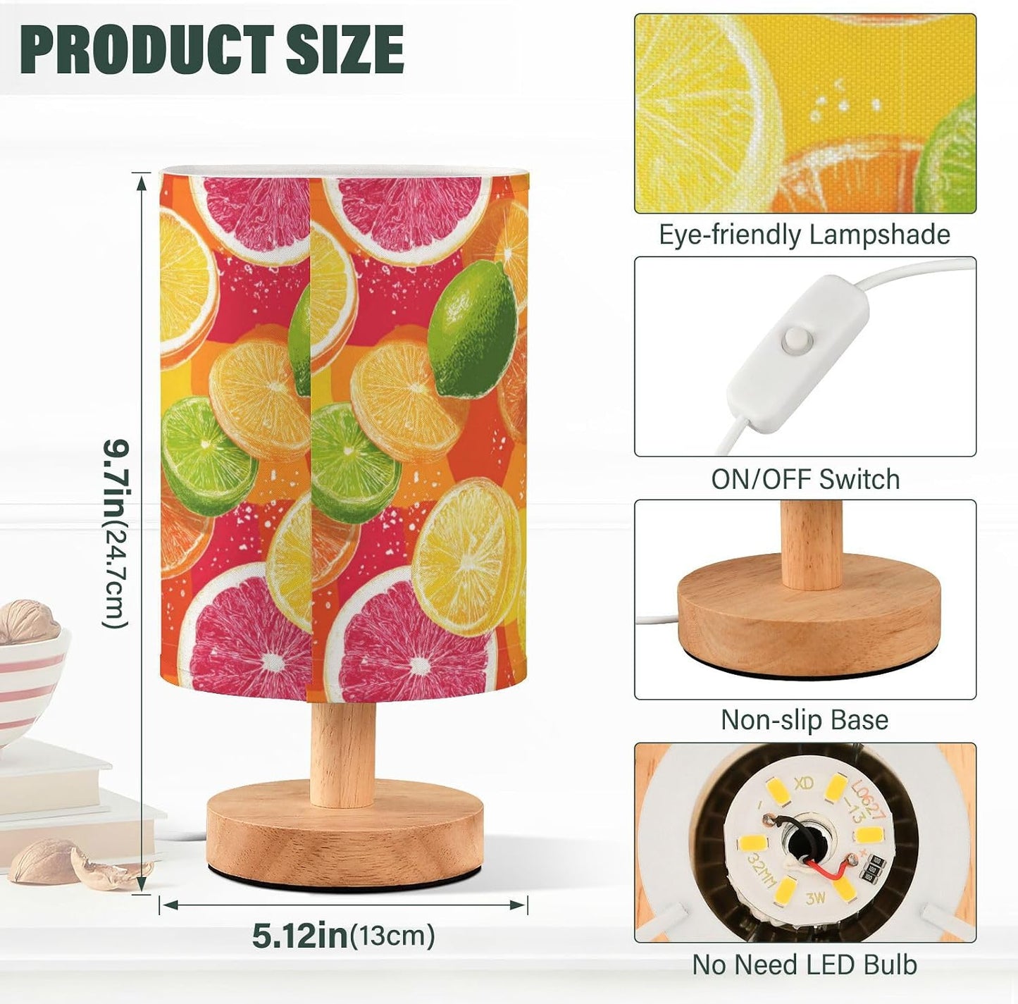 Bedside Table Lamp Lemon Yellow Citrus Fruits (23) Kids Nightstand Lamp Night Light Fabric Shade for Bedroom Living Room Home Office