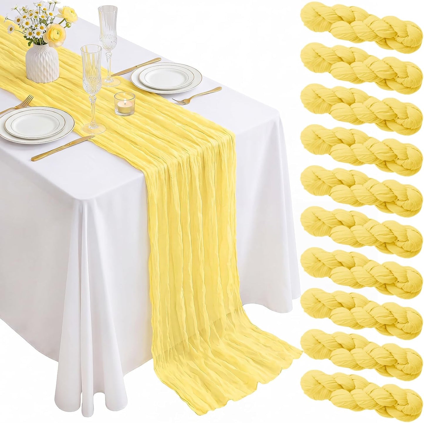 10 Pack Light Yellow Cheesecloth Table Runner 21x120 Inch Yellow Table Runner 10FT Long Boho Gauze Sheer Rustic Cheese Cloth Table Runners for Wedding Party Baby Shower Birthday Holiday Home Decor