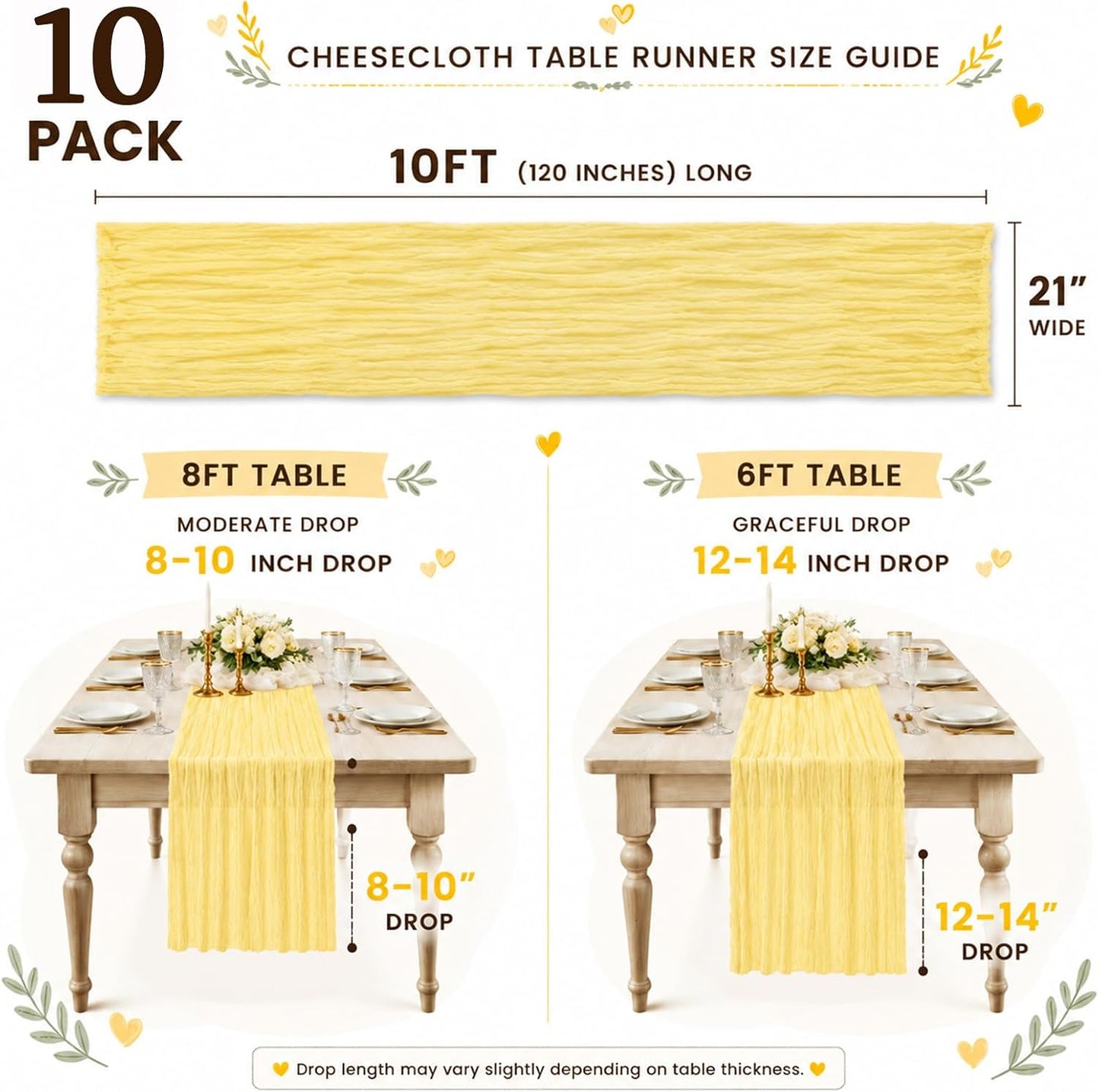 10 Pack Light Yellow Cheesecloth Table Runner 21x120 Inch Yellow Table Runner 10FT Long Boho Gauze Sheer Rustic Cheese Cloth Table Runners for Wedding Party Baby Shower Birthday Holiday Home Decor