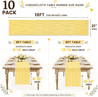 10 Pack Light Yellow Cheesecloth Table Runner 21x120 Inch Yellow Table Runner 10FT Long Boho Gauze Sheer Rustic Cheese Cloth Table Runners for Wedding Party Baby Shower Birthday Holiday Home Decor
