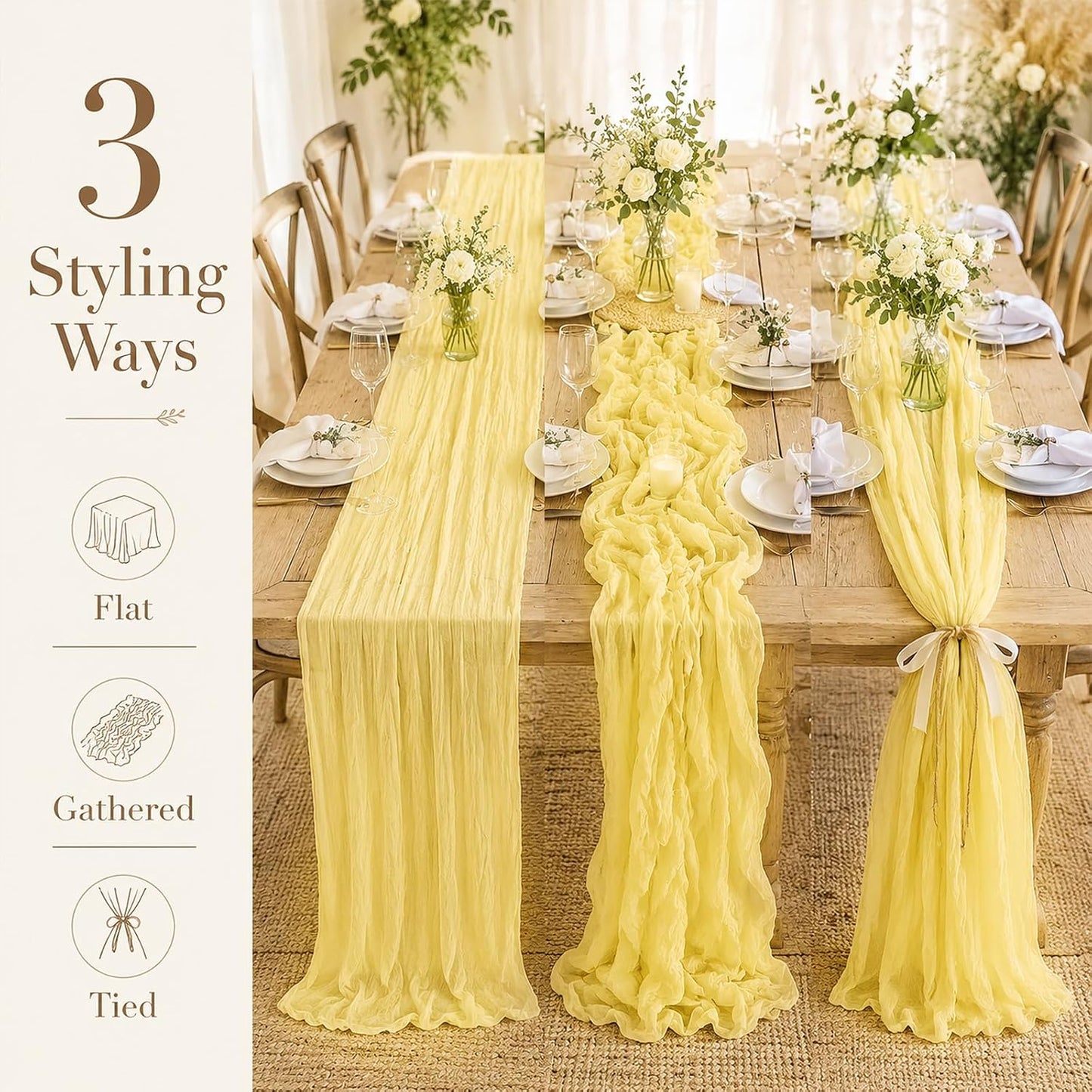 10 Pack Light Yellow Cheesecloth Table Runner 21x120 Inch Yellow Table Runner 10FT Long Boho Gauze Sheer Rustic Cheese Cloth Table Runners for Wedding Party Baby Shower Birthday Holiday Home Decor