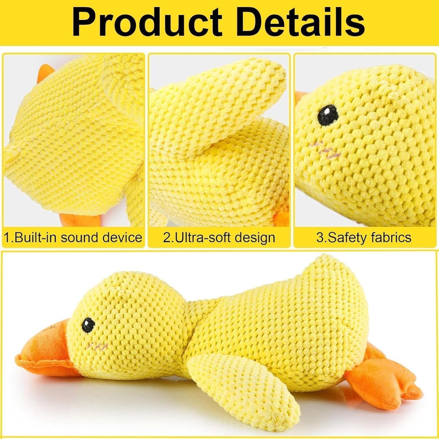 Dog Calming Duck Toy with Quacking Sound, Yellow Plush Duck Chew Toy for Dogs, Interactive Squeaky Pet Toy for All Breeds