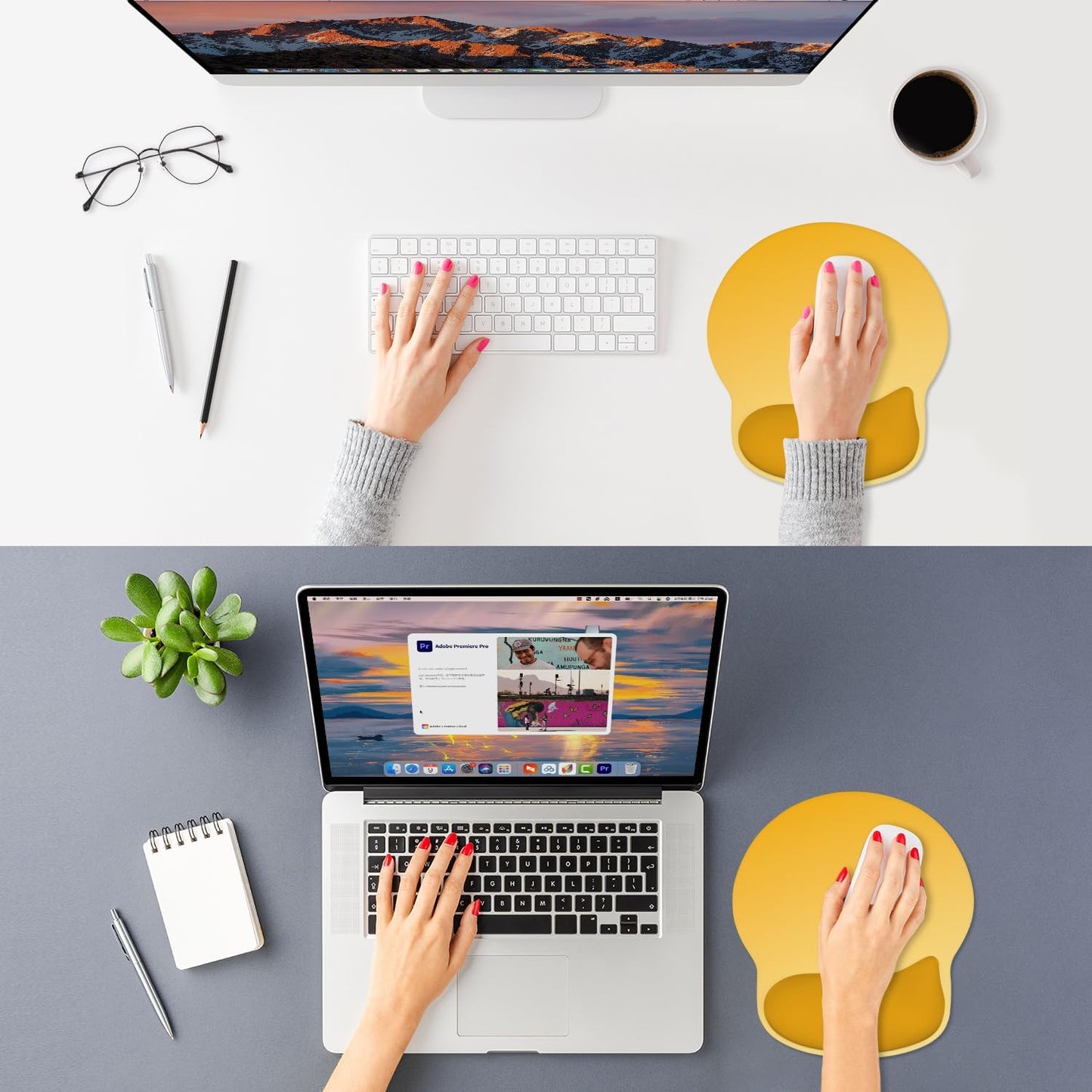 Ergonomic Mouse Pad with Wider Memory Foam Wrist Rest +17% - Curved Cushion Reduces Pressure 20%, Pain Relief, Non-Slip, Smooth, Cute Colors, 9.85 x 9 in, Yellow Gradient