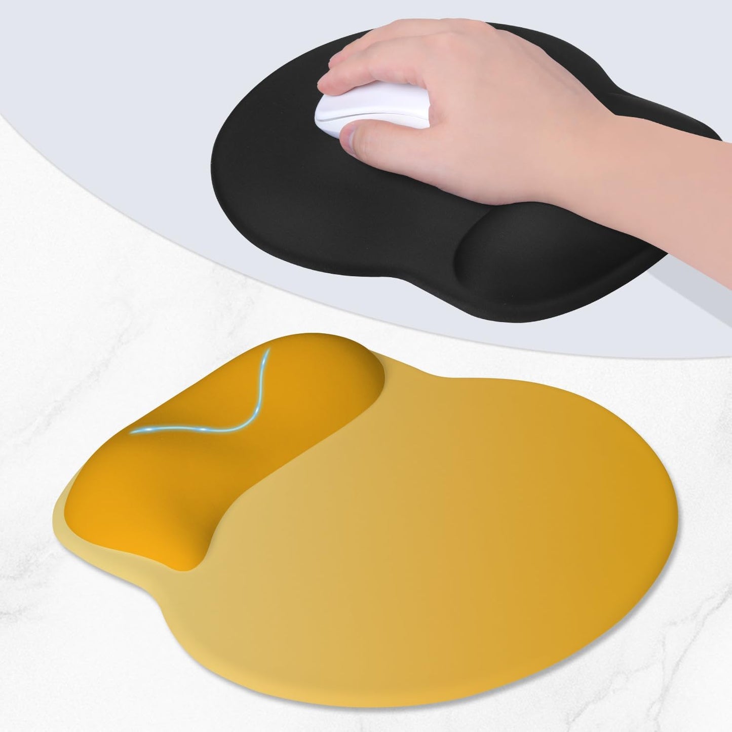 Ergonomic Mouse Pad with Wider Memory Foam Wrist Rest +17% - Curved Cushion Reduces Pressure 20%, Pain Relief, Non-Slip, Smooth, Cute Colors, 9.85 x 9 in, Yellow Gradient