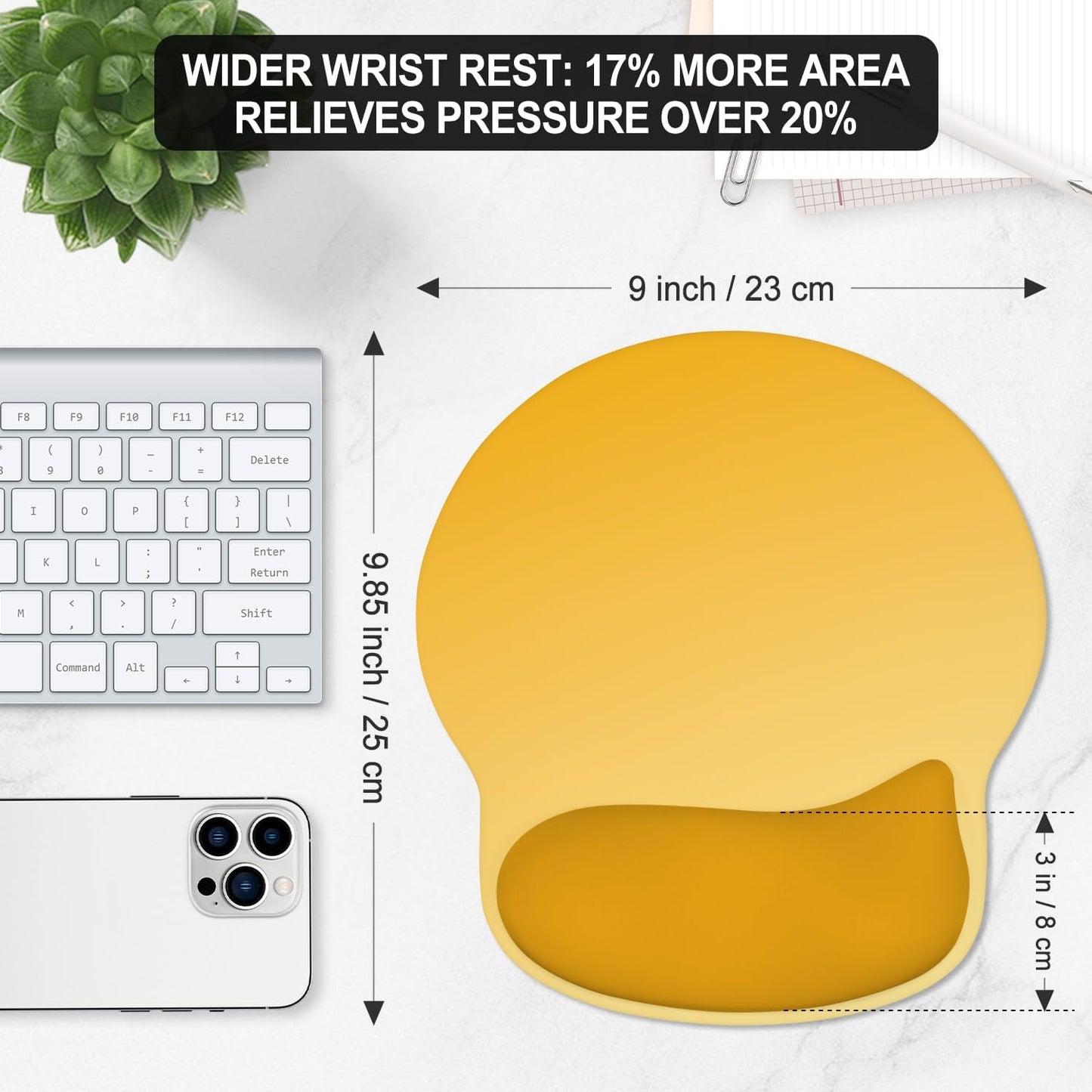 Ergonomic Mouse Pad with Wider Memory Foam Wrist Rest +17% - Curved Cushion Reduces Pressure 20%, Pain Relief, Non-Slip, Smooth, Cute Colors, 9.85 x 9 in, Yellow Gradient