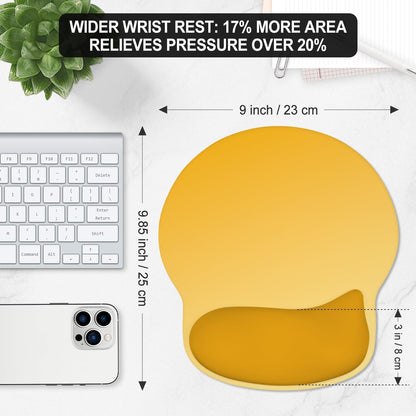 Ergonomic Mouse Pad with Wider Memory Foam Wrist Rest +17% - Curved Cushion Reduces Pressure 20%, Pain Relief, Non-Slip, Smooth, Cute Colors, 9.85 x 9 in, Yellow Gradient