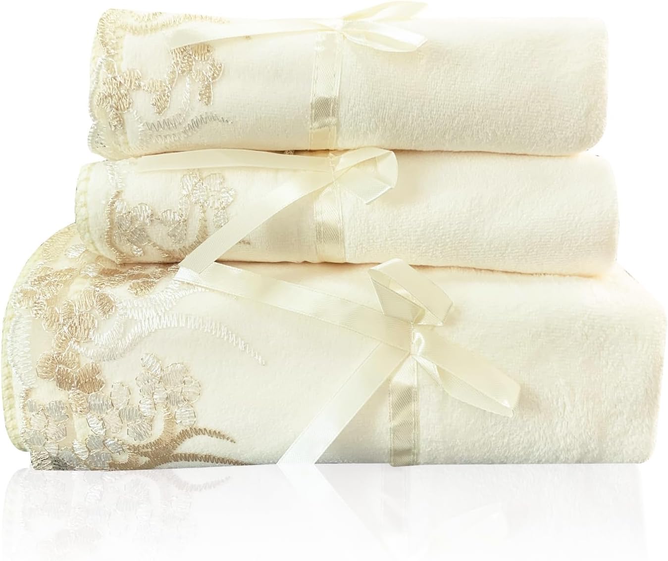 3 Pieces Light Yellow Lace Bath Towels Set, Velvet Bath Towel Hand Towels Set (1 Bath Towel+2 Hand Towels)