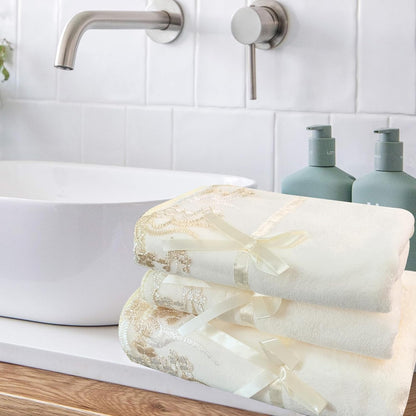 3 Pieces Light Yellow Lace Bath Towels Set, Velvet Bath Towel Hand Towels Set (1 Bath Towel+2 Hand Towels)