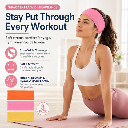 Extra Wide Headbands for Women 3 Pack, Soft Stretch Workout Headbands, Absorbent Quick Dry Hair Bands for Yoga, Running, Gym, Skincare & Daily Wear, Comfortable Wide Hair Wraps for Women