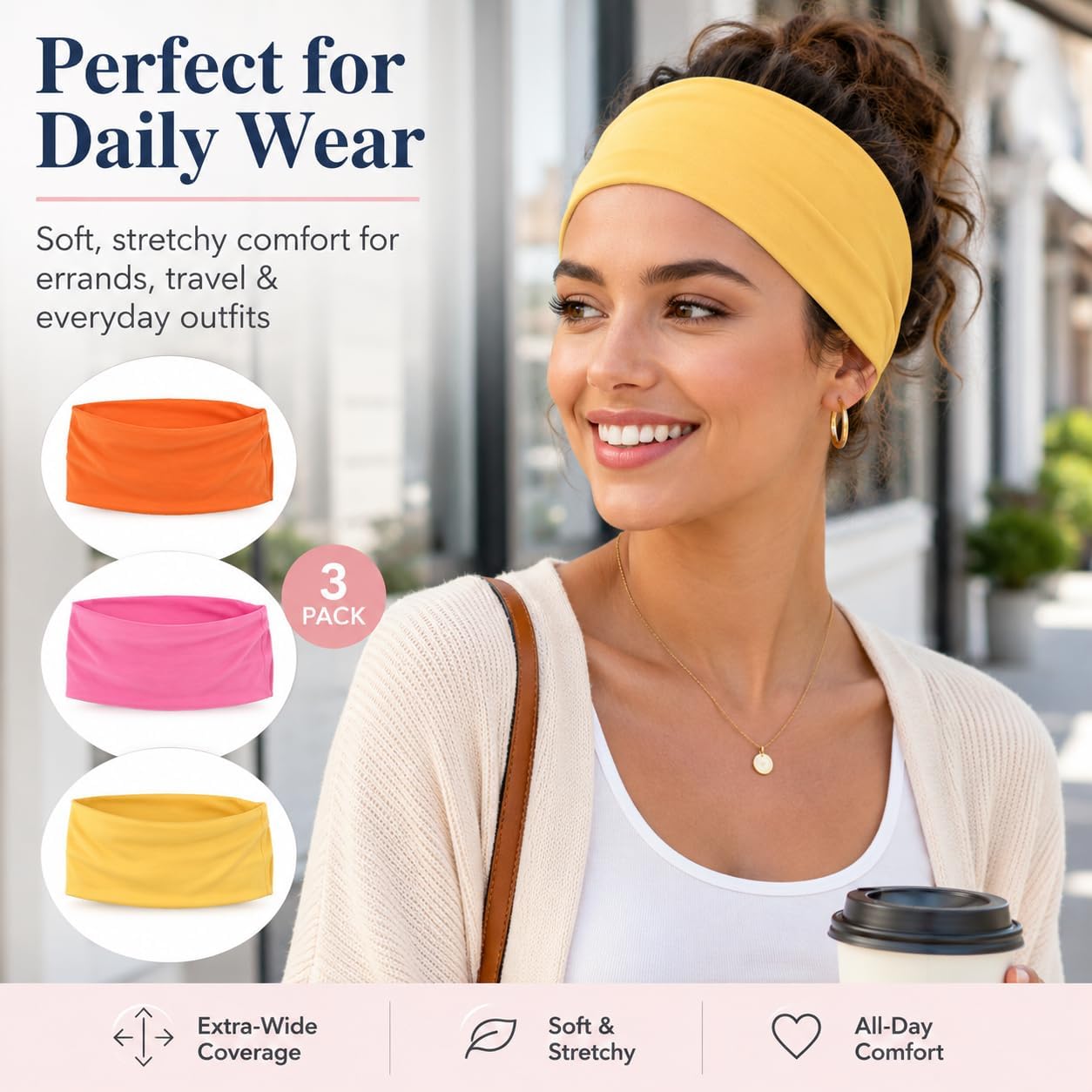 Extra Wide Headbands for Women 3 Pack, Soft Stretch Workout Headbands, Absorbent Quick Dry Hair Bands for Yoga, Running, Gym, Skincare & Daily Wear, Comfortable Wide Hair Wraps for Women