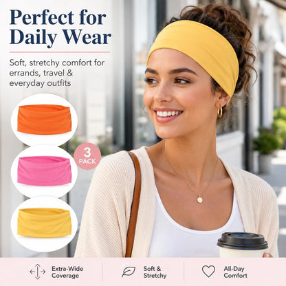 Extra Wide Headbands for Women 3 Pack, Soft Stretch Workout Headbands, Absorbent Quick Dry Hair Bands for Yoga, Running, Gym, Skincare & Daily Wear, Comfortable Wide Hair Wraps for Women