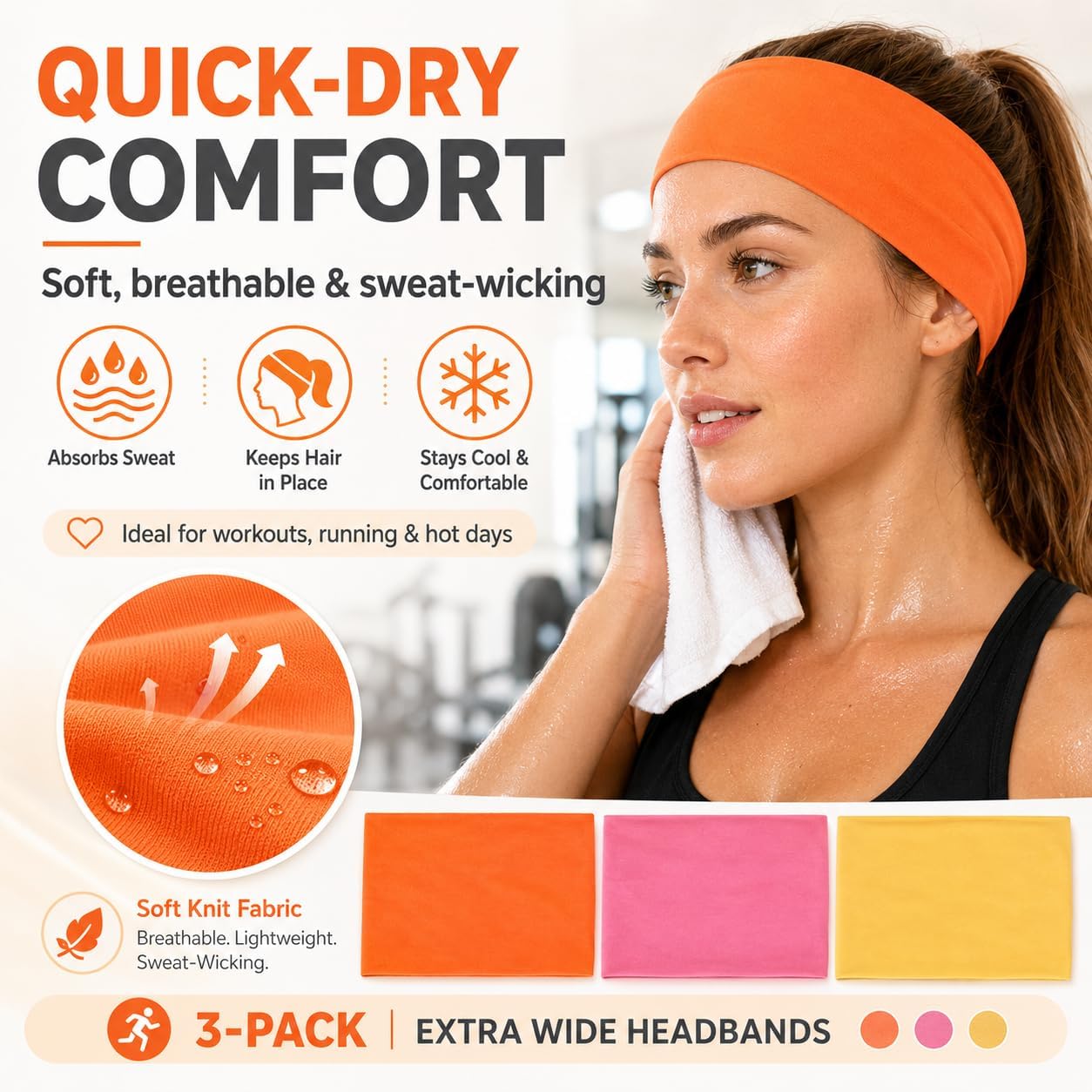 Extra Wide Headbands for Women 3 Pack, Soft Stretch Workout Headbands, Absorbent Quick Dry Hair Bands for Yoga, Running, Gym, Skincare & Daily Wear, Comfortable Wide Hair Wraps for Women