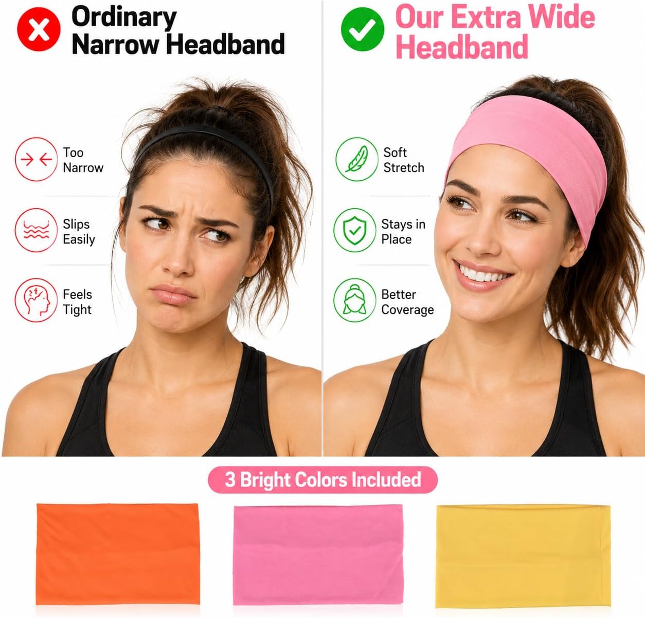 Extra Wide Headbands for Women 3 Pack, Soft Stretch Workout Headbands, Absorbent Quick Dry Hair Bands for Yoga, Running, Gym, Skincare & Daily Wear, Comfortable Wide Hair Wraps for Women