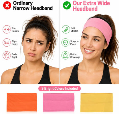 Extra Wide Headbands for Women 3 Pack, Soft Stretch Workout Headbands, Absorbent Quick Dry Hair Bands for Yoga, Running, Gym, Skincare & Daily Wear, Comfortable Wide Hair Wraps for Women