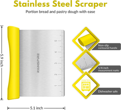 Upgraded 304 Stainless Steel Multi-Purpose Bench Scraper with Measurement Marks, Dishwasher Safe, Dough Cutter for Pizza, Bread and Cookie Dough Vegetable Chopper, Baking Supplies, Yellow