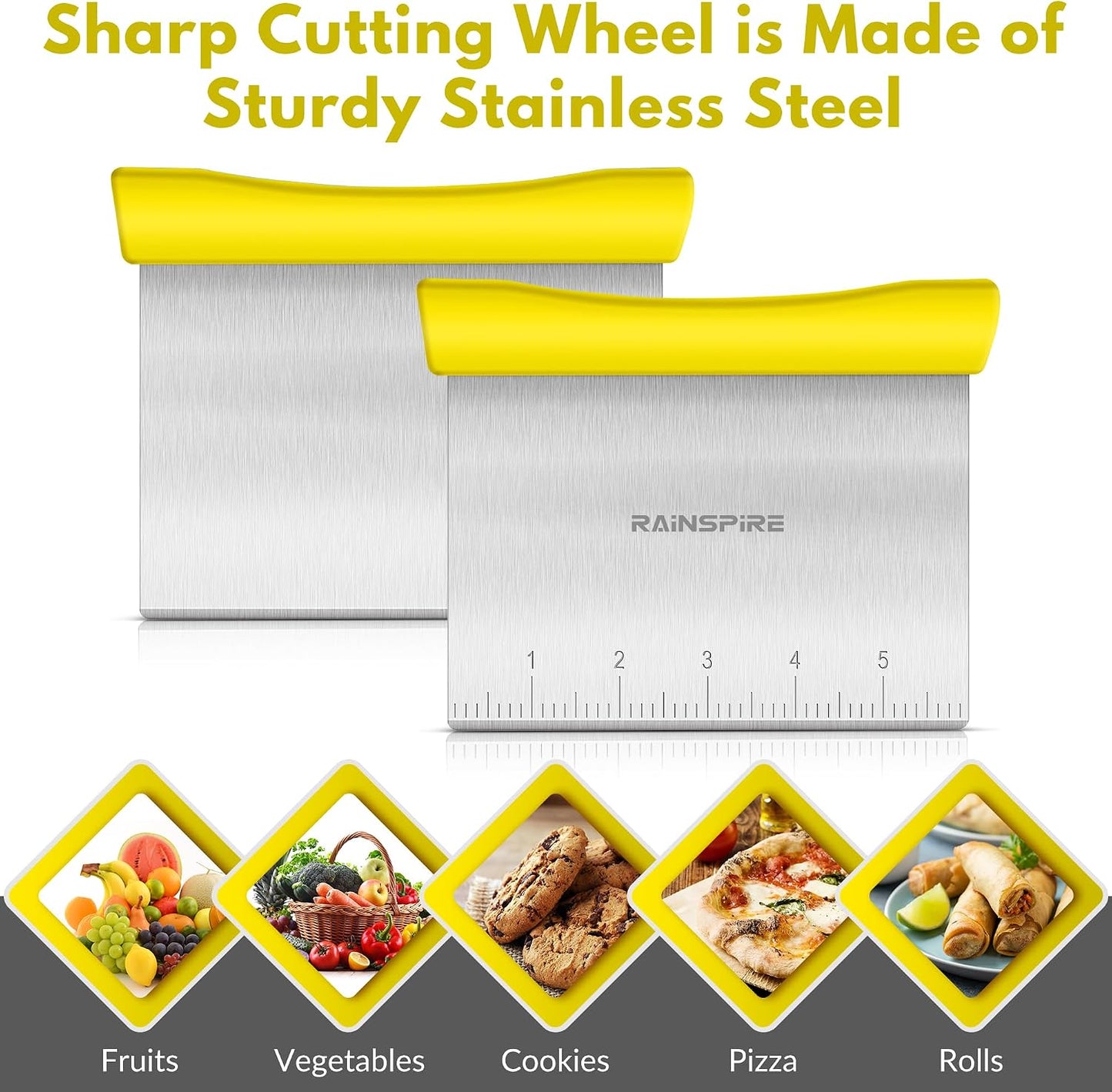 Upgraded 304 Stainless Steel Multi-Purpose Bench Scraper with Measurement Marks, Dishwasher Safe, Dough Cutter for Pizza, Bread and Cookie Dough Vegetable Chopper, Baking Supplies, Yellow