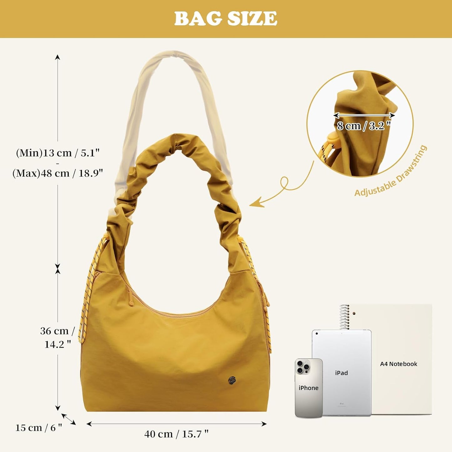 Slouchy Large Nylon Hobo Bag for Women Drawstring Adjustable Crossbody Shoulder Tote Bag Travel Beach Gym College