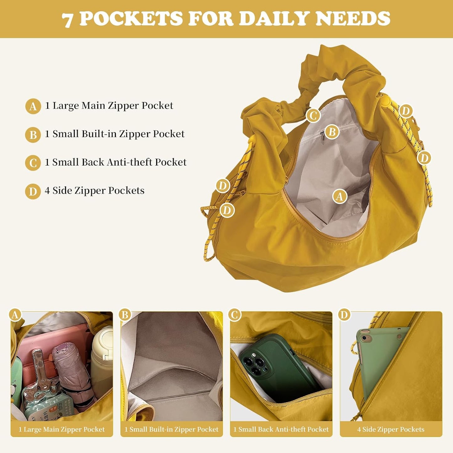 Slouchy Large Nylon Hobo Bag for Women Drawstring Adjustable Crossbody Shoulder Tote Bag Travel Beach Gym College