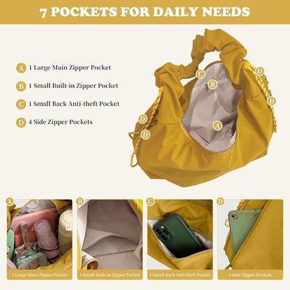 Slouchy Large Nylon Hobo Bag for Women Drawstring Adjustable Crossbody Shoulder Tote Bag Travel Beach Gym College